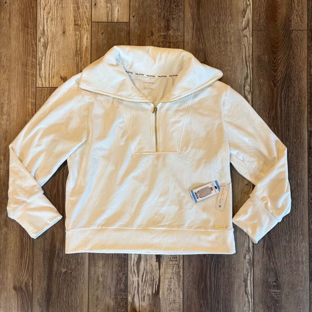 Halston Womens Large Cream Velour Quarter Zip Pullover NWT